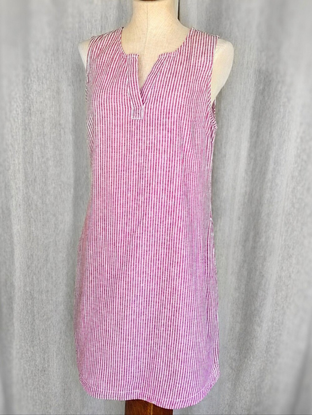 Cotton Linen Blend Pink White Striped Summer Mid Length Sun Shift Dress Small